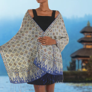Traditional Hand-Painted Batik Silk Shawl | Floral Motifs | Balinesia Pure Silk Scarves | Geometric Patterns in Indigo | 185 x 55 cm