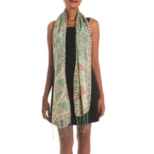 Load image into Gallery viewer, Balinesia Geometric Patterns Silk Scarf | Fresh Green Floral Hand Stamped Shawl |&quot;Beauty in Moss Green” | 185 x 55 cm

