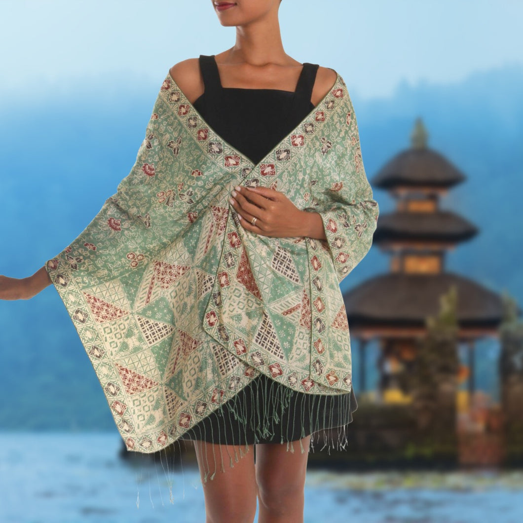 Balinesia Geometric Patterns Silk Scarf | Fresh Green Floral Hand Stamped Shawl |