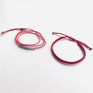 "Love is" Set of 2 Red Macrame Wrap Bracelets/Necklace and Bracelet with Engraved Pendant