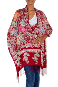 Silk batik shawl Balinesia 'Blossoming Richness’ | Multicoloured Batik Flowers Hand Stamped on a Silk Shawl | 200 x 55 cm