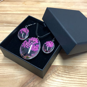 Tree of Life Necklace and Earrings Set - Pressed Flowers