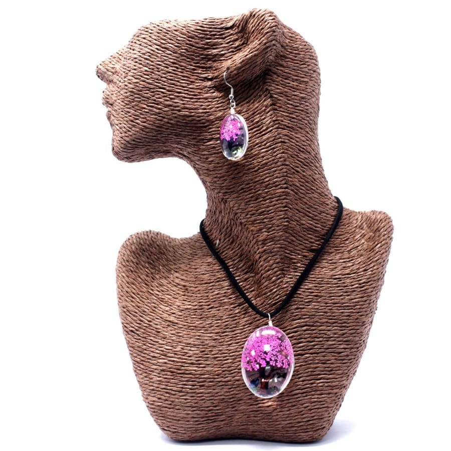 Tree of Life Necklace and Earrings Set - Pressed Flowers - 