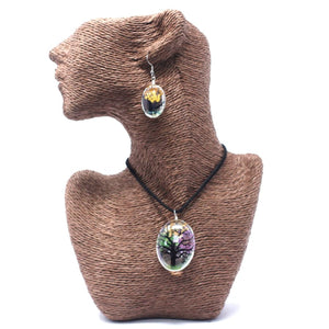 Tree of Life Necklace and Earrings Set - Pressed Flowers - 