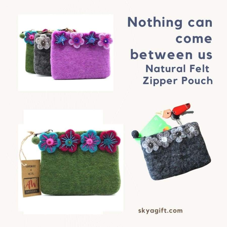 Warm Natural Wooly Felt Zipper Pouch - 4-Flower Pink - 