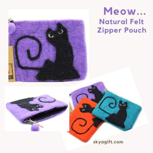 Warm Natural Wooly Felt Zipper Pouch - Cat Meow Blue - 