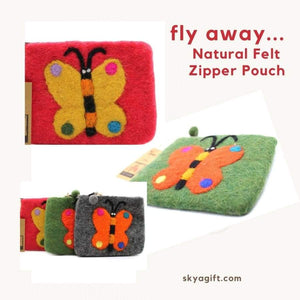 Warm Natural Wooly Felt Zipper Pouch - My butterfly Red - 