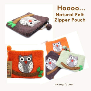 Warm Natural Wooly Felt Zipper Pouch - Owl Hoo Brown - 