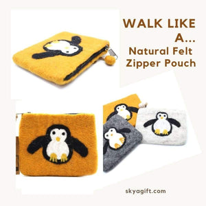 Warm Natural Wooly Felt Zipper Pouch - Penguin Yellow - 