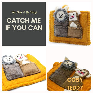 Woolly Felt Pouch with cute Finger Puppets - Gold Brown with